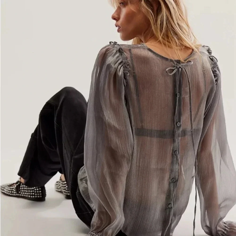 NWT Free People Freya Frost Top Metallic Silver Gray Sheer Long Sleeve Ribbon SP